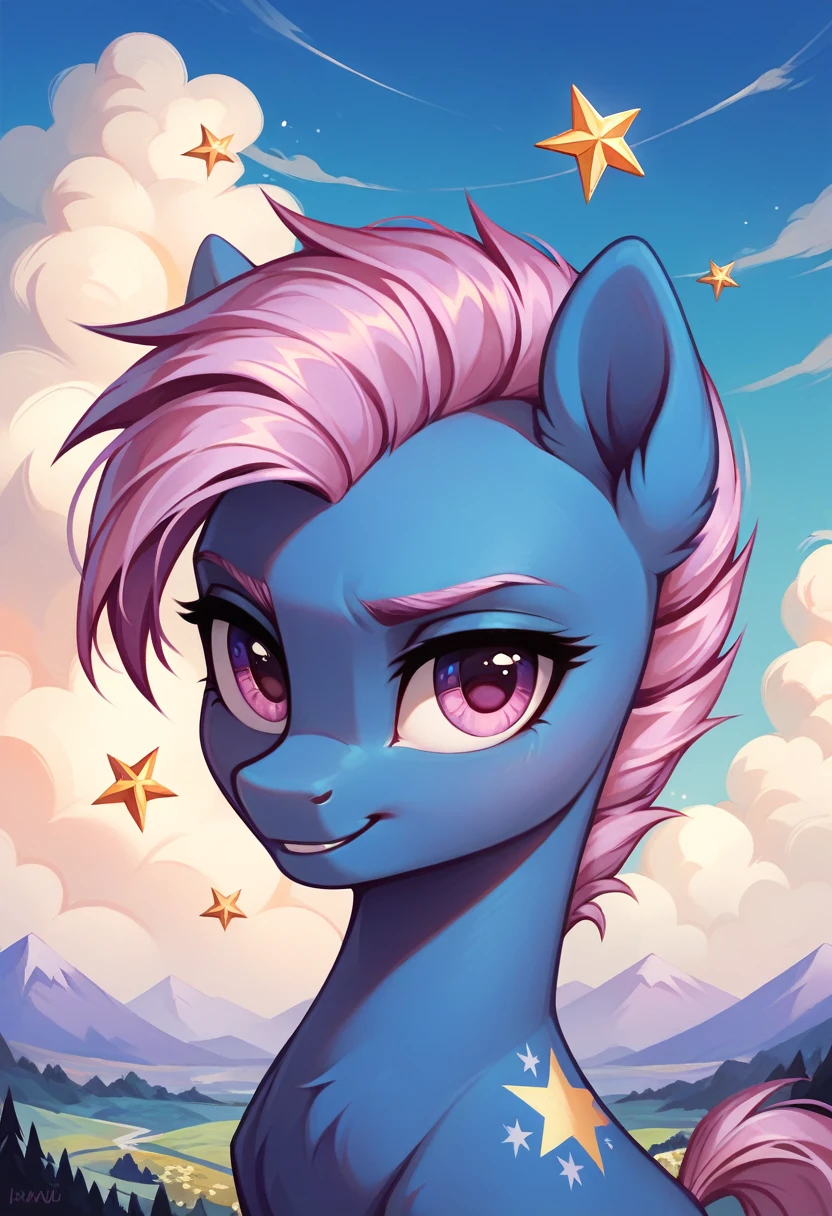score_9, score_8_up, score_7_up, score_6_up, score_5_up, score_4_up, MLP, dark blue fur, lavender hair, lavender eyes, golden star cutie mark, golden chocker, cloudy landscape, nighttime background, moonscape scene, only one pony, solo scene