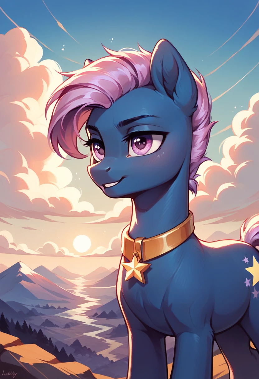 score_9, score_8_up, score_7_up, score_6_up, score_5_up, score_4_up, MLP, dark blue fur, lavender hair, lavender eyes, golden star cutie mark, golden chocker, cloudy landscape, nighttime background, moonscape scene, only one pony, solo scene