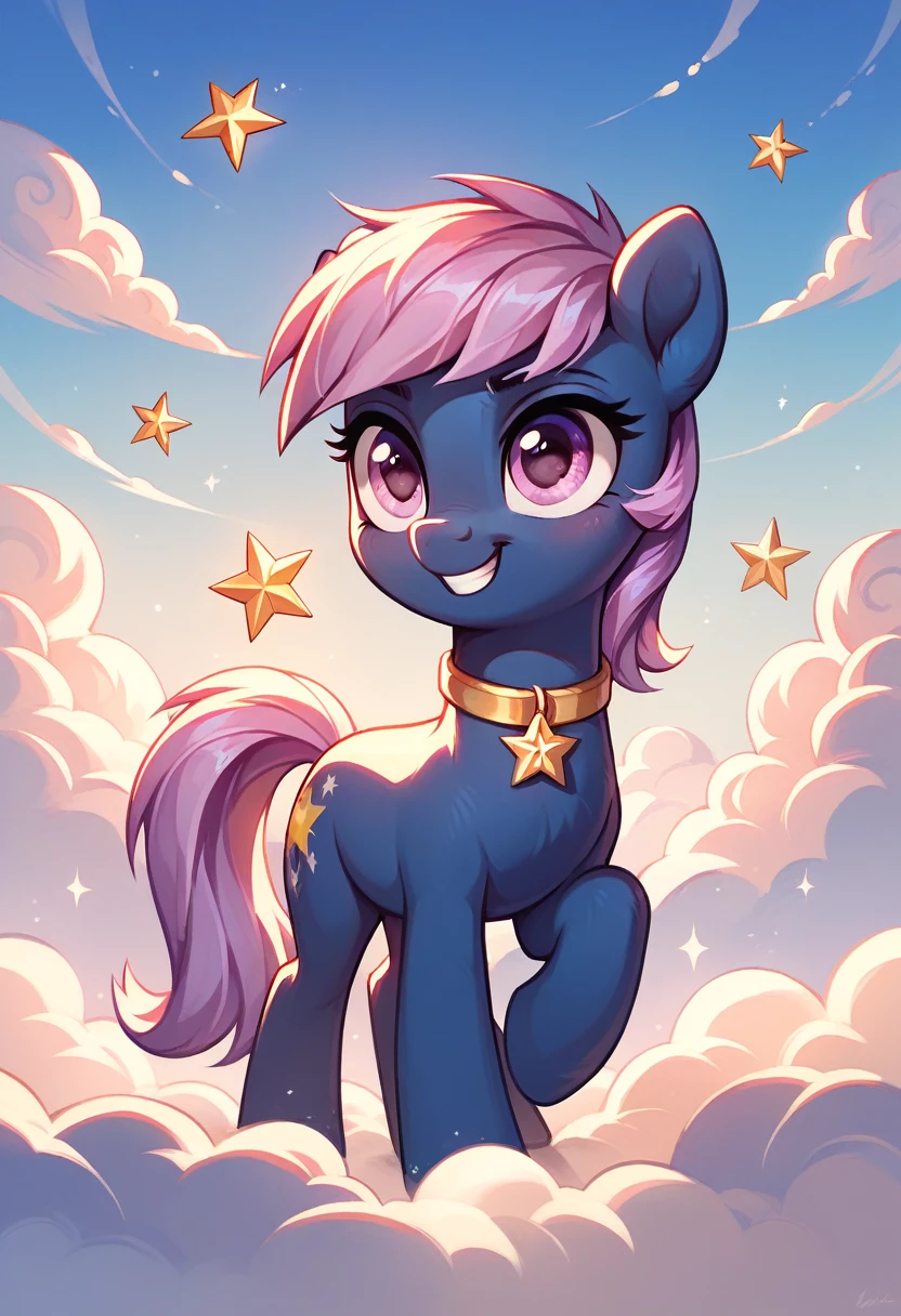 score_9, score_8_up, score_7_up, score_6_up, score_5_up, score_4_up, MLP, dark blue fur, lavender hair, lavender eyes, golden star cutie mark, golden chocker, cloudy landscape, nighttime background, moonscape scene, only one pony, solo scene