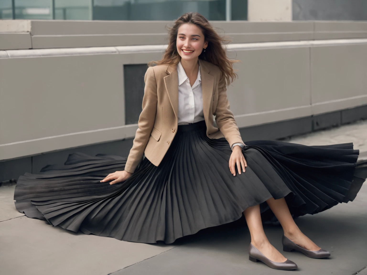 A smiling, authentic, (shy:1,3), kind, beautiful woman, is passionately in love with her skirt, wind wildly lifts her skirt, wearing uniform jacket and very, very detailed (long (fully pleated) full circle skirt) and (low heeled court shoes), very, very intricate hyper-detailed symmetric (attractive graceful young feminine face) with (sad, tired eyes and a loving smile), very voluptuous breasts, full of empathy and compassion and love, (pronounced (feminine) features), (highly detailed ultra accurate realistic) hands and fingers, (windy), epic composition, highly detailed attributes, (35mm f1.4 Kodak portra 400 photograph), extremely high quality RAW photograph, highly detailed atmosphere, sci-fi, cinematic shot, dynamic lighting, 75mm, Technicolor, Panavision, cinemascope, sharp focus, fine details, 8k, HDR, realism, realistic, key visual, film still, superb cinematic color grading, depth of field