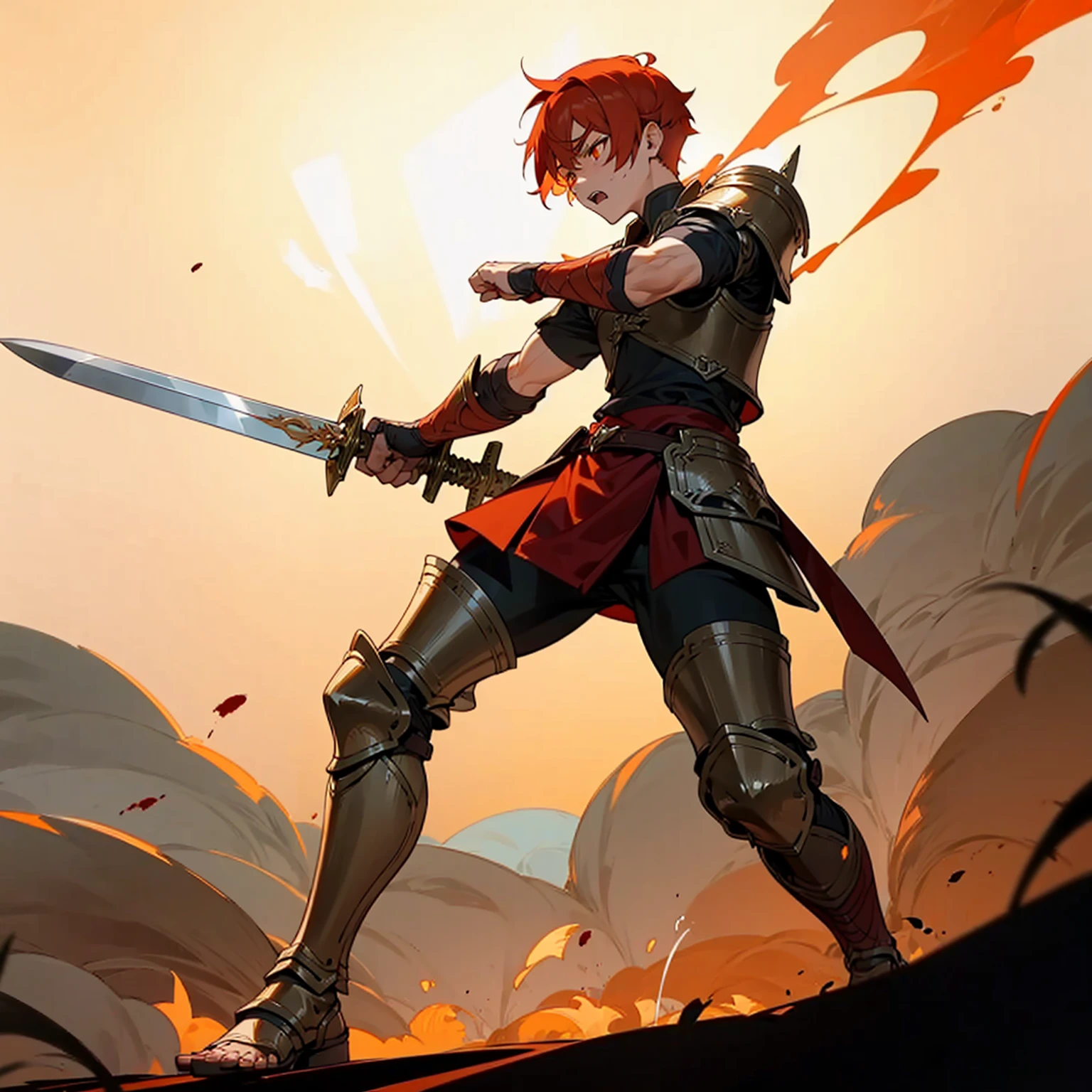 1boys, Full body version, orange eyes, undercut hair, red colour hair, very angry expression, gladiator clothing, short sleeve shirt, gladiator skirt, gold big armor body, bodybelt, gladiator sandals, Spatha sword in hand, (war gesture), Grassroots background in war, smoke, silhouette of sunlight, glare of sunlight behind, blood on face, blood on armor, blood on hand, full of background light, fire, burning fire, bloody in faces, His sword was fiery 