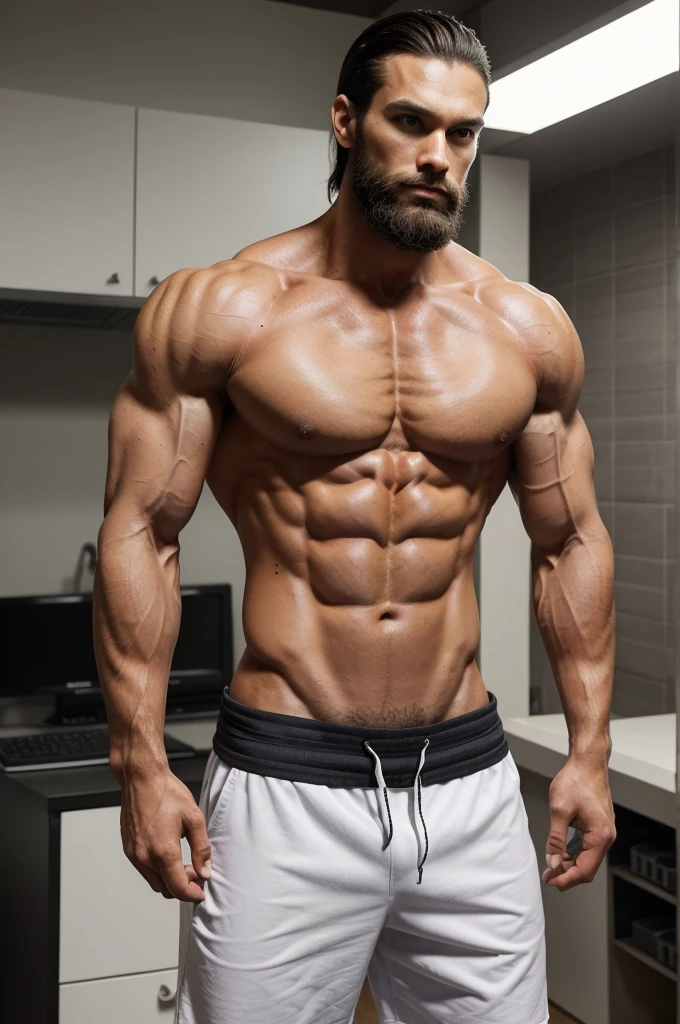 generate a picture of a man who is long and giant and having cutting muscles byceps , triceps , and all body muscles and veins also and showing his 10 pac abs and he dont have shirt, and very less beard standing in a straight position