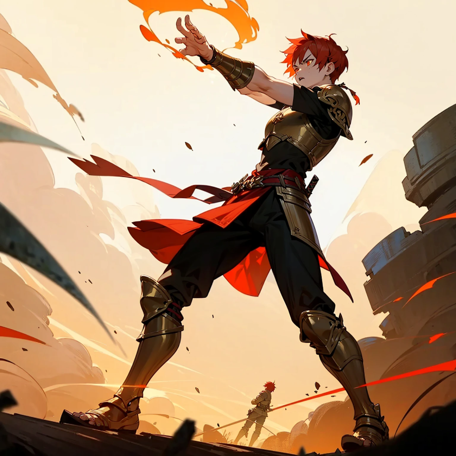 1boys, Full body version, orange eyes, undercut hair, red colour hair, very angry expression, gladiator clothing, short sleeve shirt, gladiator skirt, gold big armor body, bodybelt, gladiator sandals, Spatha sword in hand, (war gesture), Grassroots background in war, smoke, silhouette of sunlight, glare of sunlight behind, blood on face, blood on armor, blood on hand, full of background light, fire, burning fire, bloody in faces