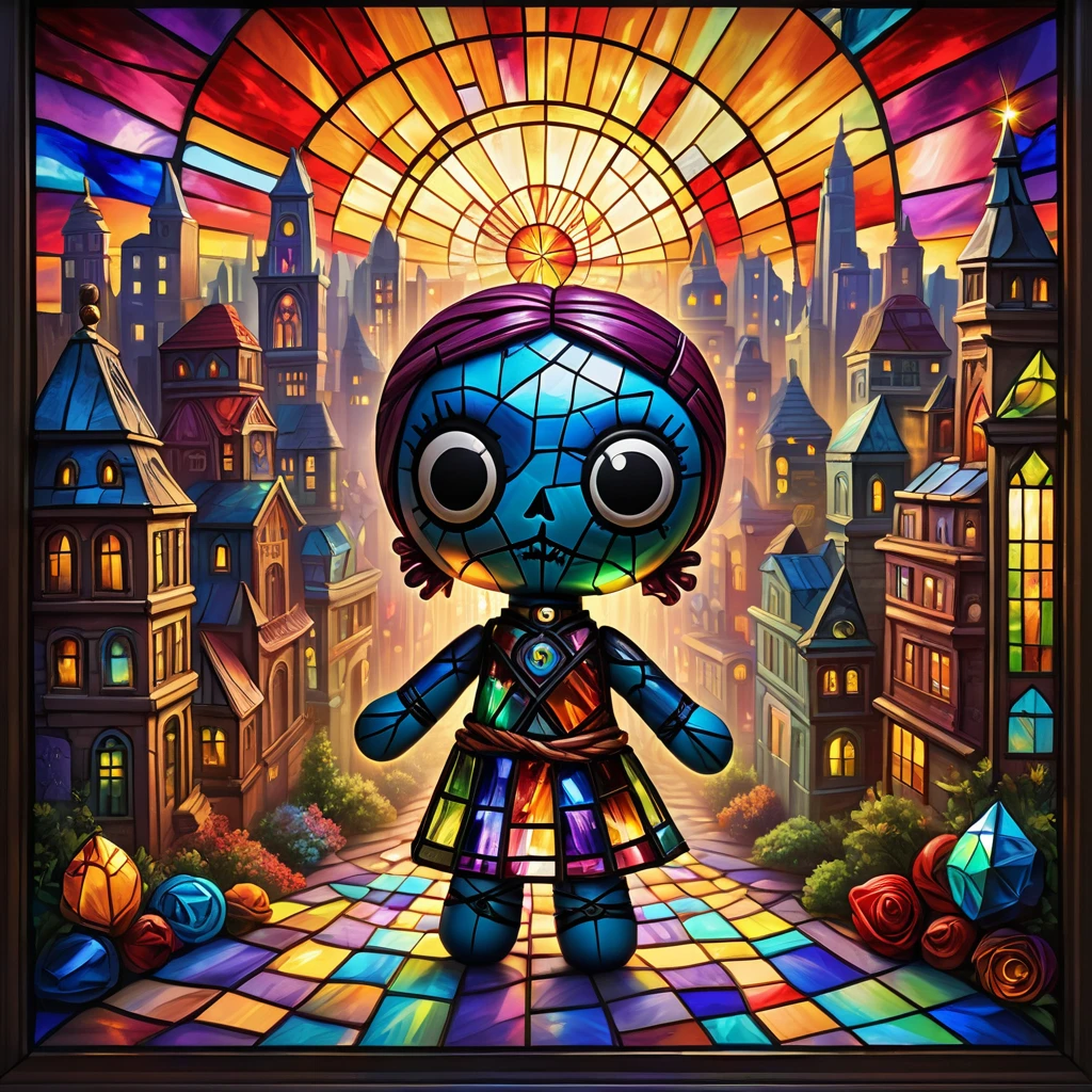 (knitted toy voodoo doll:1.5), (Voodoo Doll in a Stained Glass City:1.3), (Clothing: artistic attire with stained glass patterns:1.0), (Accessories: enchanted glass cutter emitting a prismatic light, floating glass shards:1.1), (background: intricate cityscape with colorful stained glass buildings, glowing pathways, and a kaleidoscopic sky:1.2), best quality, masterpiece, detailed soft oil painting, detailed background, dramatic cinematic lighting, soft edge lighting, professional, dramatic lighting, hard edge lighting, ultra quality, 4k, masterpiece, best quality, 8k, ultra high definition, high resolution, extremely detailed