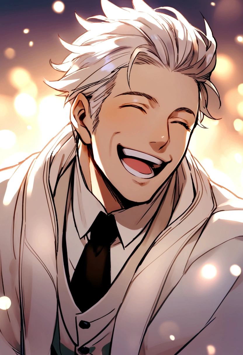 a man smiling in a white coat with maximum quality