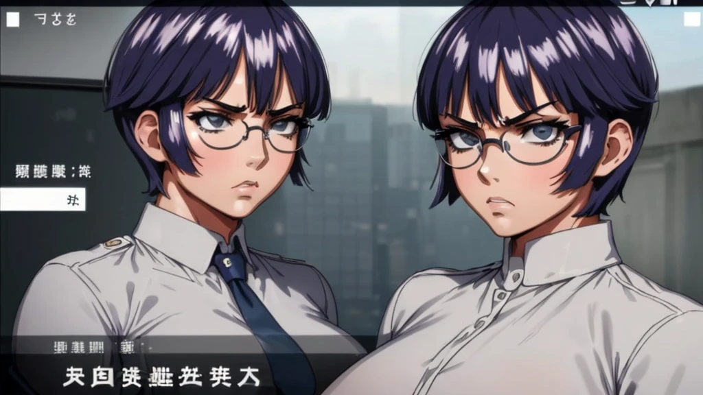 1girl, Best quality, Beautiful and sexy woman, (((((short hair, bangs))))) round glasses, (serious expression on her face) Big breasts, tomboy, police outfit, white gloves, sexy body, ((("Character facing the screen angrily"))) 