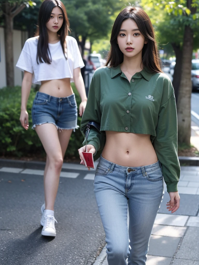 (best quality, Masterpiece, Realistic photos, very detailed, Ultra high resolution, raw:1.3), 1 woman, beautiful, Japan, in university, A young university girl wears a green button-up crop top., Blue Jeans, showing navel, College Student, navel, (canvas shoes, ขาbeautiful, full body), Walking place, holding a book, Dress well, cross arm