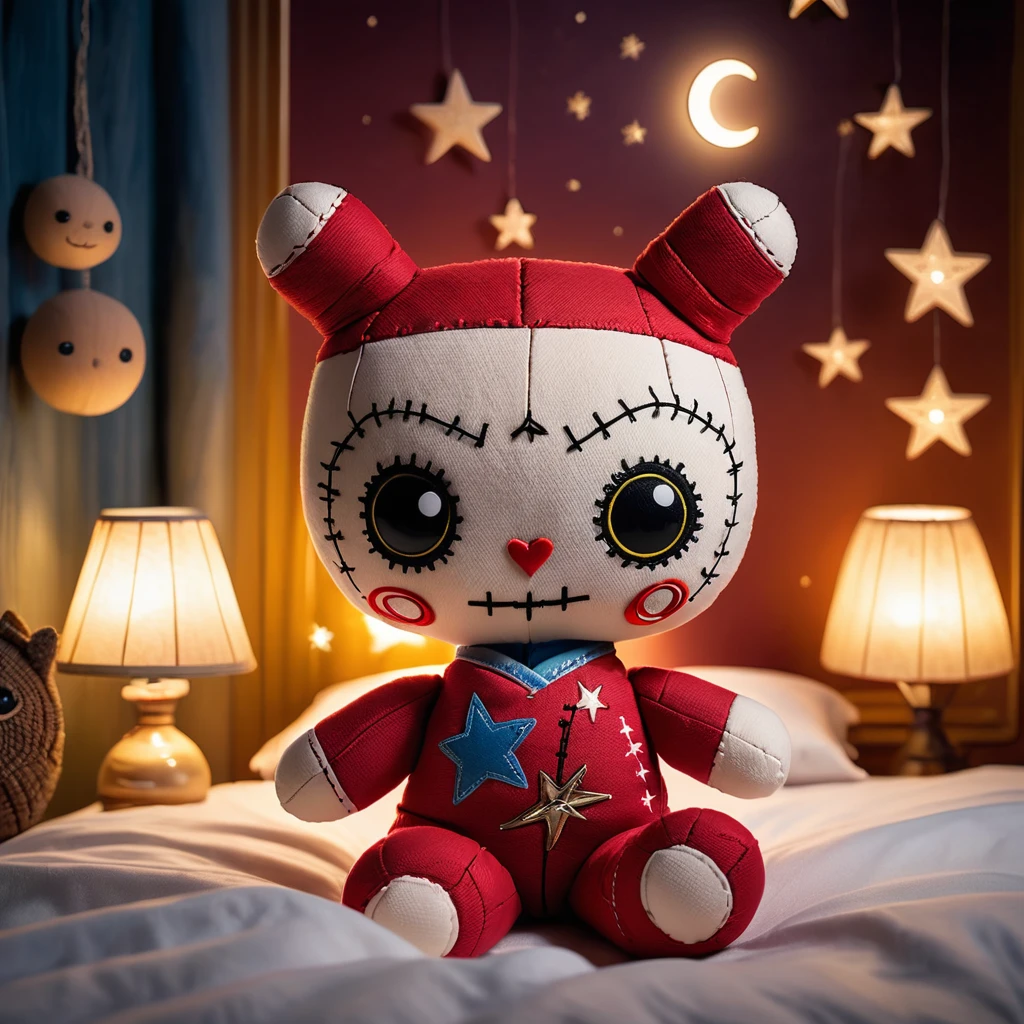 (knitted toy voodoo doll:1.5), (Voodoo Doll in a Bedroom:1.3), (Clothing: comfortable pajamas with star and moon patterns:1.0), (Accessories: enchanted night light emitting a soft glow, floating plush toys:1.1), (background: cozy bedroom with a warm bed, soft lighting, and a peaceful atmosphere:1.2), best quality, masterpiece, detailed soft oil painting, detailed background, dramatic cinematic lighting, soft edge lighting, professional, dramatic lighting, hard edge lighting, ultra quality, 4k, masterpiece, best quality, 8k, ultra high definition, high resolution, extremely detailed