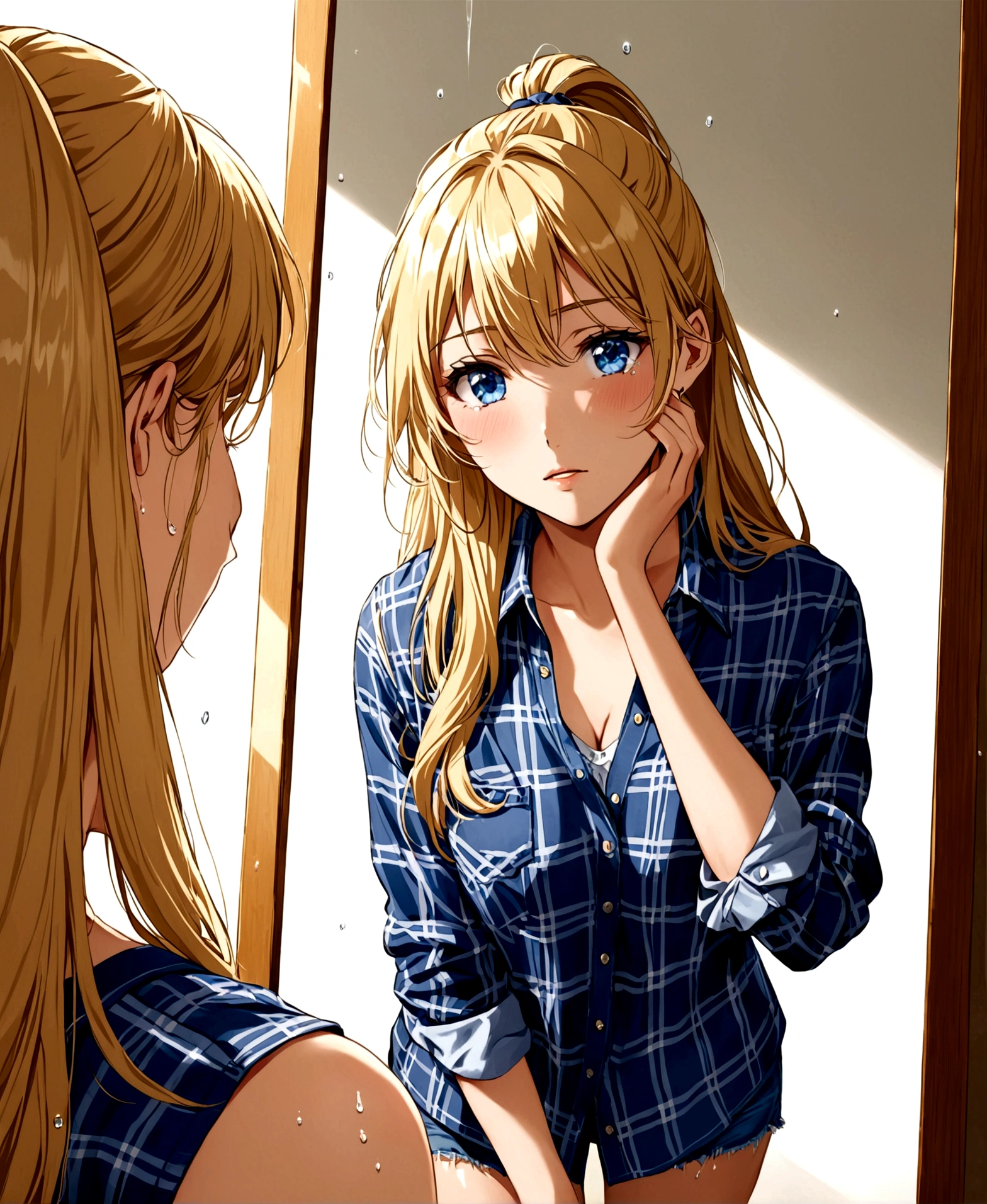 A beautiful women, looking in the mirror, full-length mirror, blonde, ponytail, blue eyes, flowing hair, series, tears in eyes, portrait photograph, casual clothing, short denim skirt, plaid blouse,sharp focus, perfect hands, perfect light, perfect body, shiny skin,