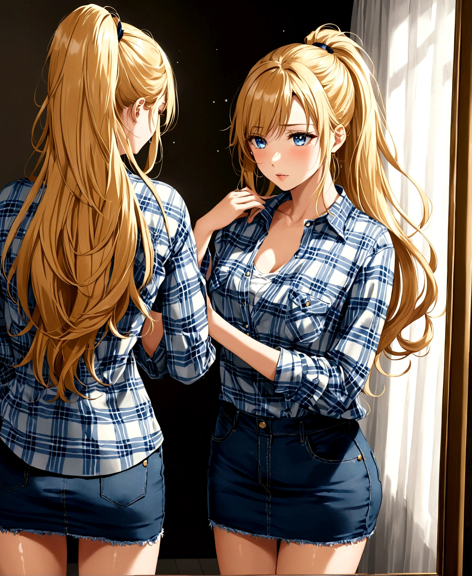 A beautiful women, looking in the mirror, full-length mirror, blonde, ponytail, blue eyes, flowing hair, series, tears in eyes, portrait photograph, casual clothing, short denim skirt, plaid blouse,sharp focus, perfect hands, perfect light, perfect body, shiny skin,