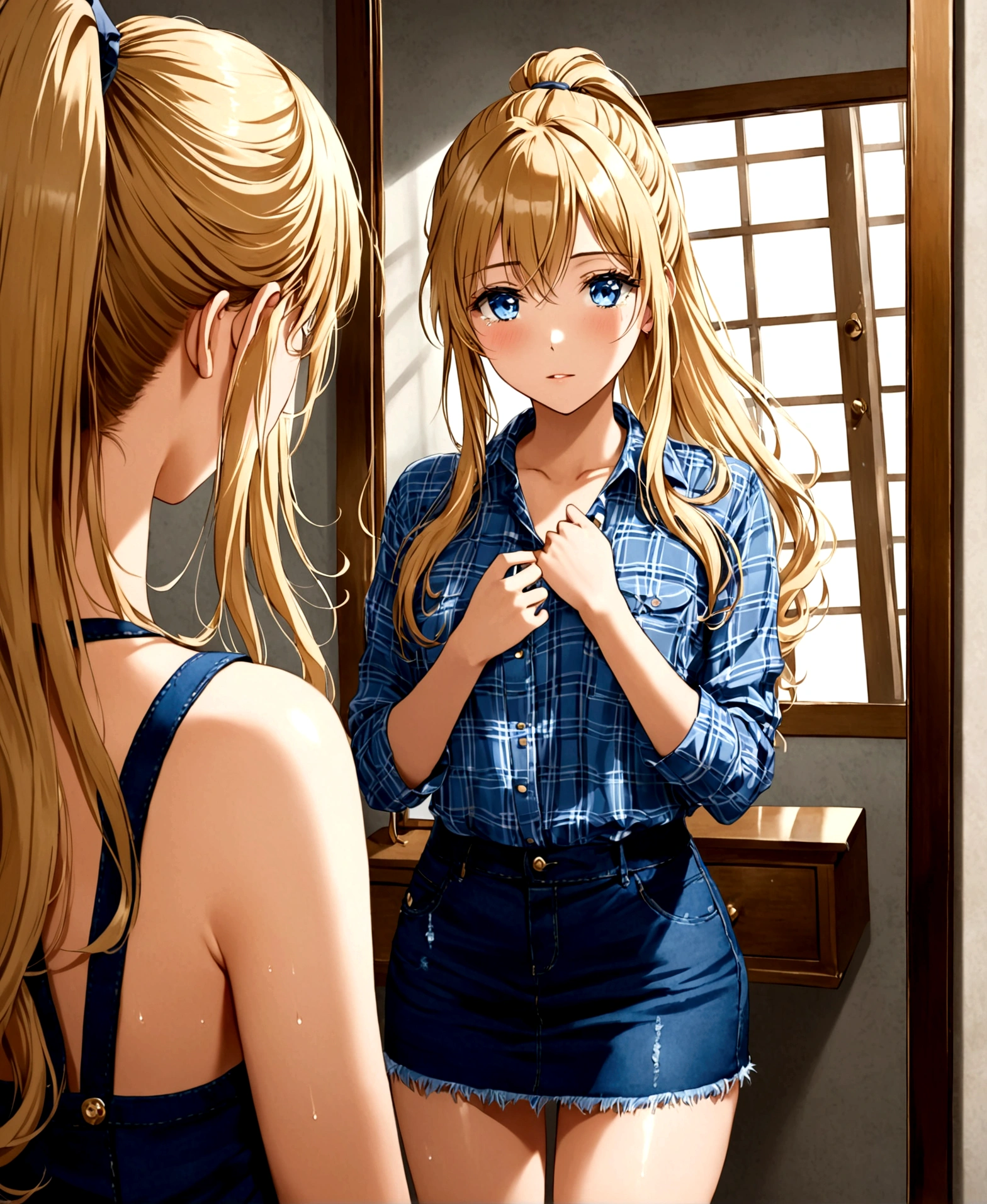 A beautiful women, looking in the mirror, full-length mirror, blonde, ponytail, blue eyes, flowing hair, series, tears in eyes, portrait photograph, casual clothing, short denim skirt, plaid blouse,sharp focus, perfect hands, perfect light, perfect body, shiny skin,