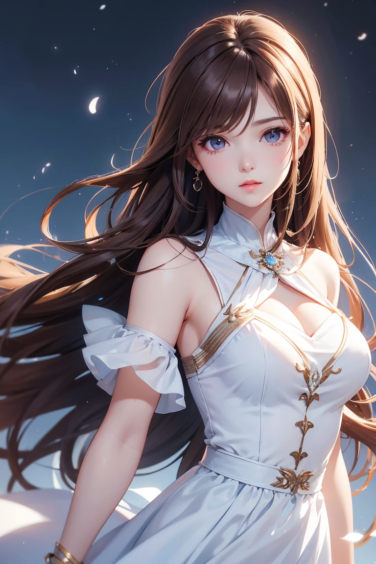 Masterpiece, Best quality, 1 Female, Woman, Elder Sister, young girl, brown eyes, long hair, smoky mix brown color hair, resolute eyes, white and blue dress, long white eardrop, morden, frontal photo, blank background, remove background, anime, illustration