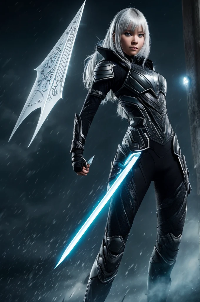 Superhero, modern superhero costume, white bat costume, black stripes on the sides, camouflage functions, integrate special LED plates or coatings in the costume with the ability to change color like a chameleon, style like the black bat costume, costume for a girl, ninja, with Chinese sword, beautiful Chinese girl, albino girl, light blue eyes, Chinese girl with fringes, character masculine, kind, brave, determination, on the battlefield, atmospheric perspective, motion blur, 8k, super detail, the best quality, UHD, high detail