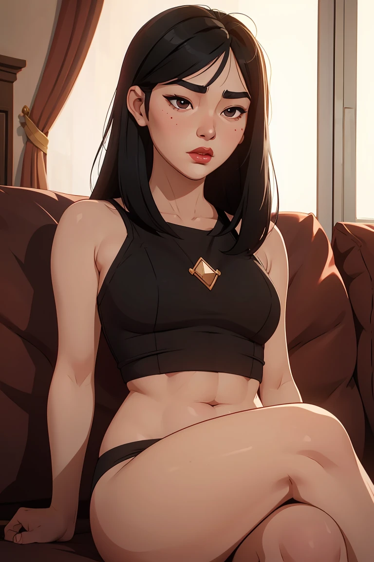 beautiful girl, long black hair, bangs, rounder face, droopy nose tip,  small round red lips, round cheeks, intense dark round asian eyes, beauty spot above eyes, average body, chubby legs, soft stomach, short body height, flat body, sitting on a couch with a magazine and a cell phone, gorgeous 