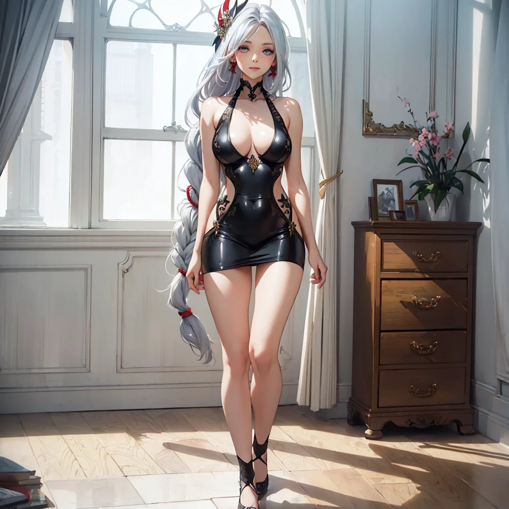 ((1girl, solo)), beautiful body, (perfect anatomy, perfect body, perfect hands, perfect legs), natural proportions, sexy body, large breasts, ((full body, full body front)) BREAK
((extremely detailed face)), (beautiful detailed eyes:1.6), (realistic pupils, realistic iris:1), expressive eyes, looking at viewer, (clear eyes:1.3), (hyperrealistic:1.2), (detailed skin texture:1.2), smooth skin, ((silver white hair)), long hair, ((very long hair)), braid, (braided ponytail:1.3), bangs, parted bangs, hime cut, ((hair over right eye)), eyes visible through hair, ((red tassel earrings)), ((hair tie)), hair ornament, ((mature female)), ((little smile)), (detailed lips:1.2), (attractive lips:1.1), (glossy lips:1), parted lips, perfect face, perfect eyes BREAK
(masterpiece:1.5), anime-style, top quality, best quality, (beautiful and aesthetic:1.2), (ultra detail:1.5), Ultra-detailed depiction, Ultra-precise depiction, extremely detailed 8k illustration, high resolution, (highly detailed shading:1.2), (realistic lighting:1.4), perfect lighting, vibrant colors, dynamic tones, striking hues, 8k, absurd resolution, perfect shadows, hdr, UHD, ambient lighting, realistic, ultra-realistic, photo realistic, highly detailed, rich detail, luminous colors, fine texture, intricate design, professional illustration, (soft light:1.2), (illustration:0.7)