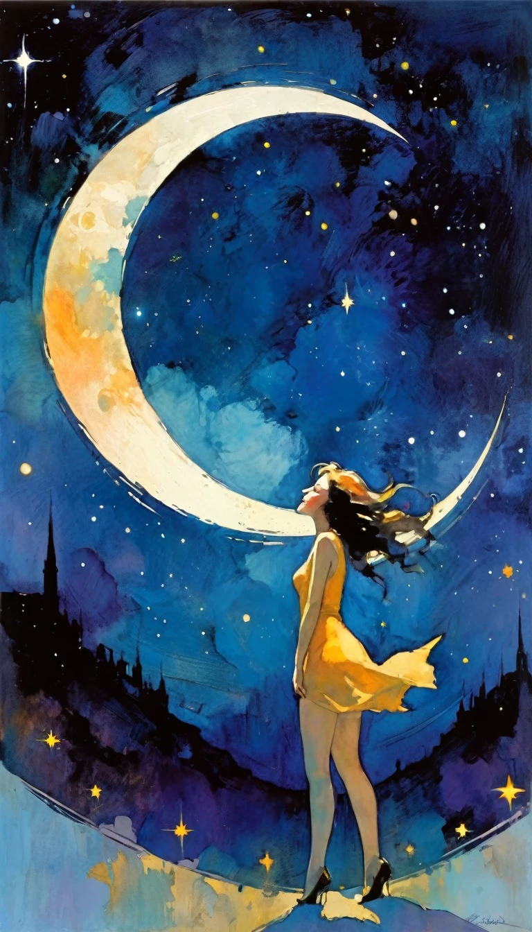 orgasm, magic, fantastic, night sky, moon, stars, background, (simple oil painting in a style to Bill Sienkiewicz)