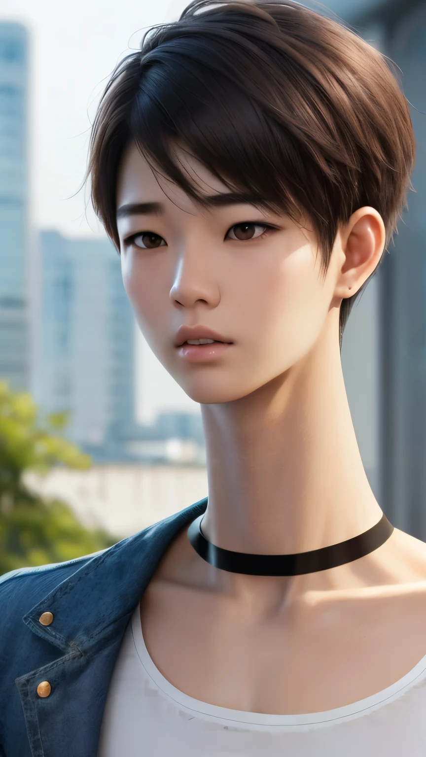 (ultra realistic, highly detailed:1.4), best quality,  androgynous korean boy, short fluffy hair, loose white tee, choker, (longneck:1.5)