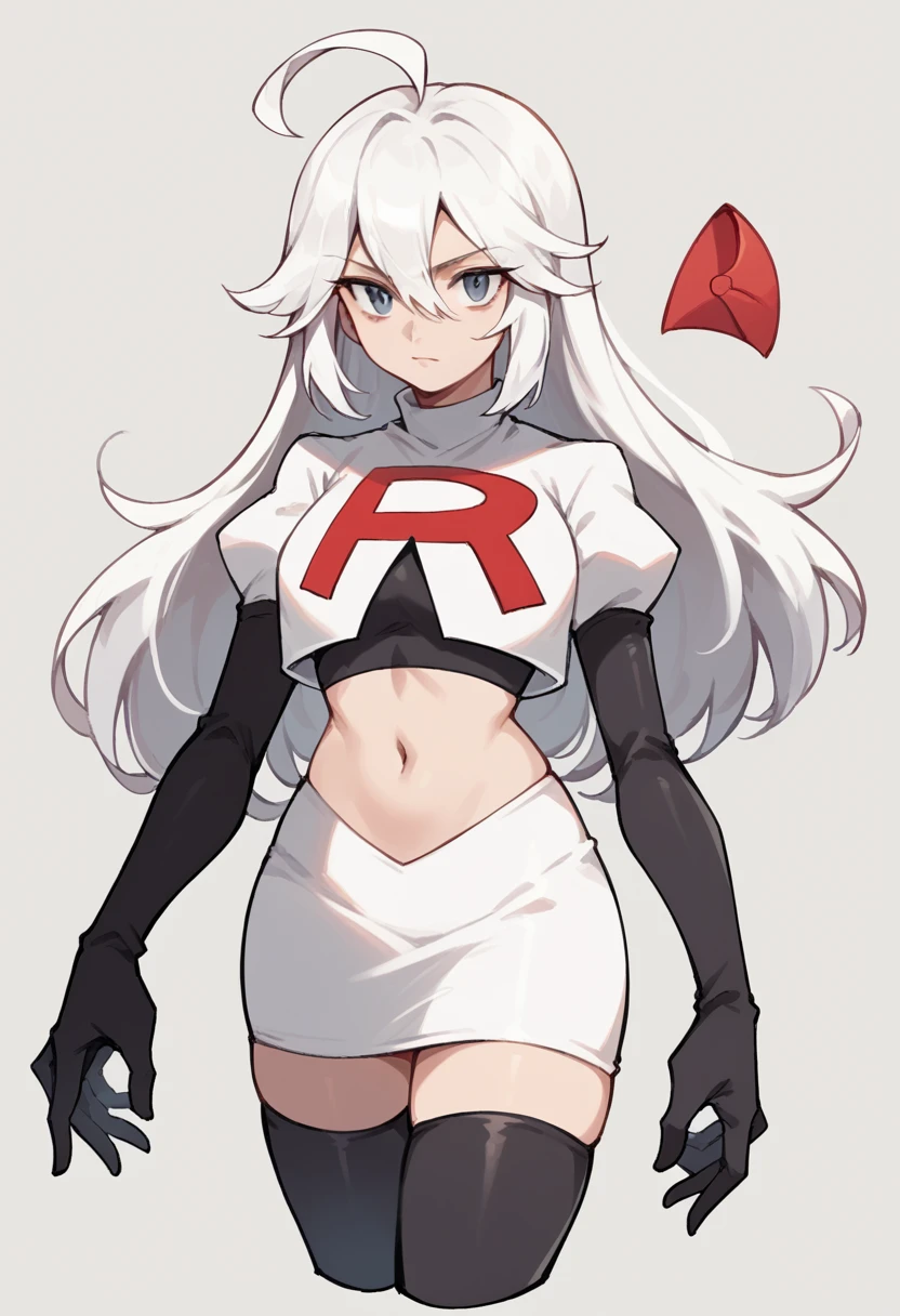 masterpiece, best quality, 1 girl  white hair, long hair,ahoge, team rocket,team rocket uniform,white skirt,red letter R,crop top,black thigh-highs,black elbow gloves