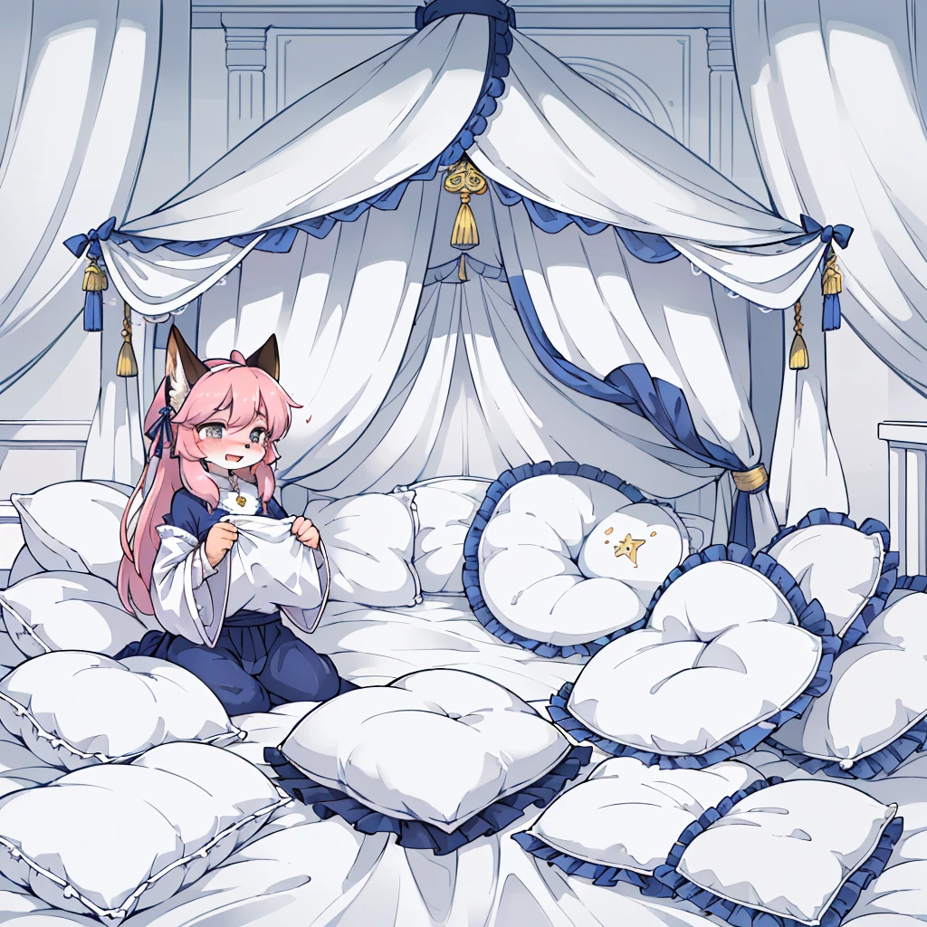 （masterpiece，best quality），my own, The Beast, , (适合任何Pillow背景的光影））, 穿着pajamas可爱女孩在Pillow上摆姿势 ，pajamas，Nature,, (blush),a smile，Pillow头,（很多Pillow），Soft cushion，（canopy bed），Soft pillow quotation，（Pillow损坏），很多Pillow，（Crotch rubbing），（（Pillow驼峰）），（Pillow），（A tail），，（粉色Pillow），（Love around the protagonist），Steam，（Pillow头），（），（豪华Pillow），（Pillow），（palace），（Palace bedroom），（Pillow），柔软的Pillow，，（Classical European style bedroom ），（excited，shy person，Lack of expressiveness，），，，，best quality, masterpiece, ((Maximum resolution)), artwork, ，,,(Interior of the palace),(In the bedroom at night),(Deluxe Rococo Canopy King Bed),On a big and spacious bed,(the 女孩 is lying on the bed),Before bedtime,,,Luxurious curtains with ornate ruffles and ribbons surround the bed,((((There are many pillows piled on the bed)))),Detail of Quilt,Detailed bed sheets,Ruffled Bed Skirt,Deep Bed,Background with depth,pajamas , ((((大量的Pillow))))，详细的软Pillow,,（女孩正躺在许多柔软的Pillow上,周围有许多Pillow），(Pillow上有液体），Sweat，saliva，Splashing urine，Pillow上和床上有水迹,快乐的女孩们穿着pajamas和Pillow打架 。Many small feathers fluttering、Long sleeve, 带褶边和缎带的长裙pajamas、In a huge, 宽大的canopy bed、Soft pink sheets and quilt、色彩鲜艳的柔软Pillow、很多带褶边的Pillow和带褶边的床裙、Soft toned bed、Ruffled curtains around the bed.。Delicate face。Background with depth,FORTUNES，fox girl