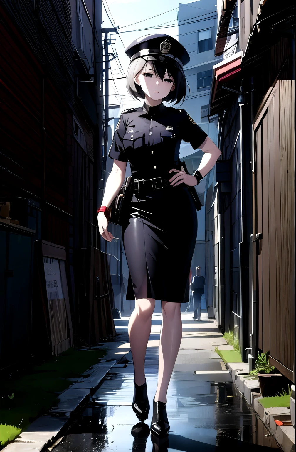 (masterpiece, Best quality, detailed), 1 girl, One, Looking at the viewer, Ugioshino, short hair, bang, black hair, hair between eyes, black eyes, bob haircut, pale skin, empty eyes,
policewoman, Police uniform, police hat, tie, pencil skirt, armband, chest pocket, lane, industrial pipe, building, urban, energy lines, cloudy sky, sign, Dark, night, Bin, puddle, contrasting, not happy,  closed mouth