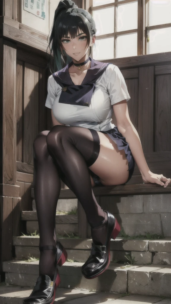 ((Correct Anatomy)),(on stage),(Female student),((school uniform))、((Sailor suit)),(Mini Pleated Skirt),(((Black Stockings))),((School Uniform)),((open-chest)),Ultra-high resolution,Mature Woman, Mature Woman, Very detailed,Sunburned skin,Brown Skin,((Beautiful legs)),(Big Breasts),((Beautiful feet)),Perfect hands, Detailed fingers, Beautiful details, ((Long Hair)),((ponytail)),Black Choker, Earrings,loafers,Perfect Eyes, Captivating eyes,(School stairs)