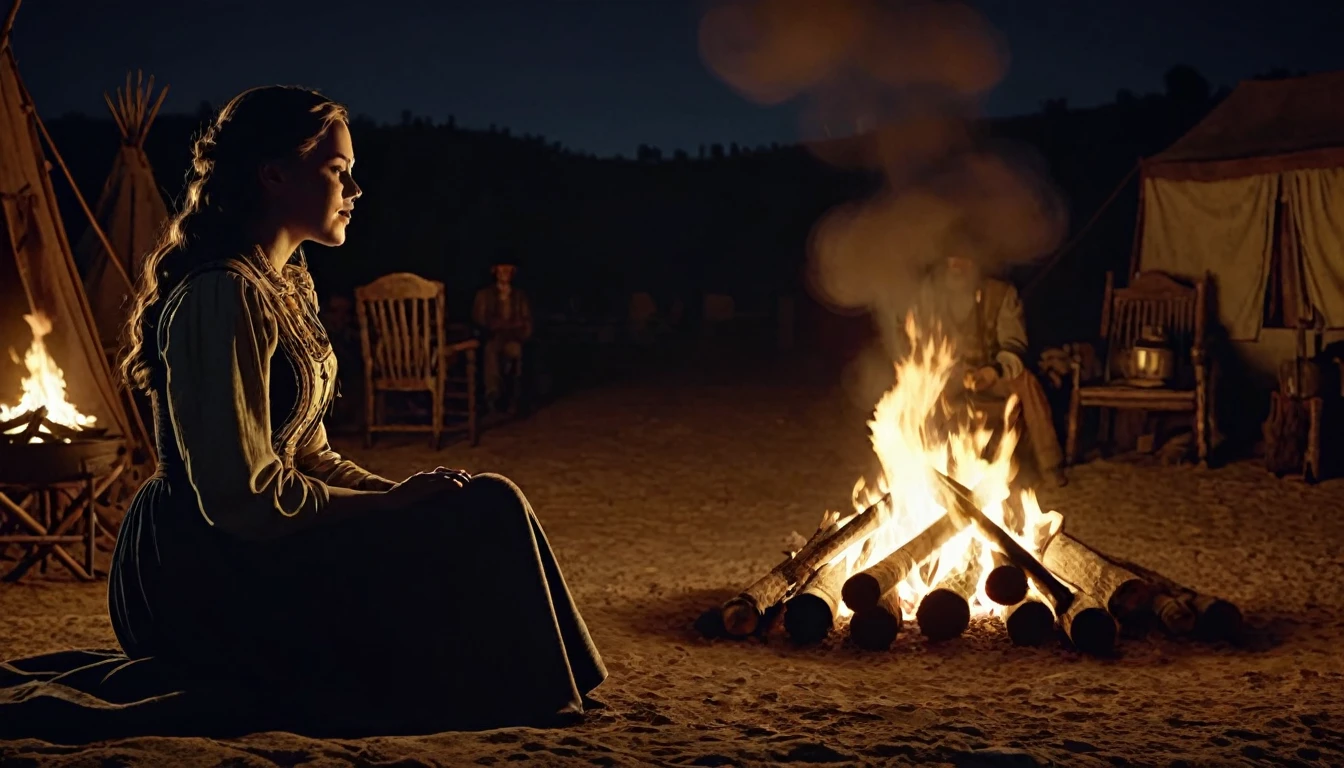 Create an image that illustrates this text: At night, around the camp fires, Sarah sometimes sang lullabies to James. old west style. high definition cinematic image.