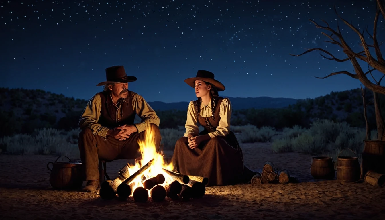 Create an image that illustrates this text: At night, around the camp fires, Sarah sometimes sang lullabies to James. old west style. high definition cinematic image.