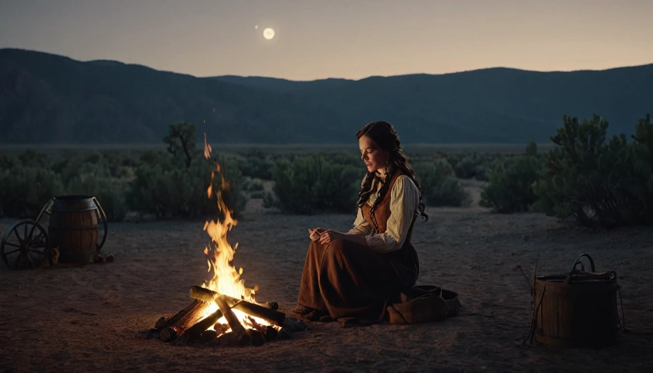 Create an image that illustrates this text: At night, around the camp fires, Sarah sometimes sang lullabies to James. old west style. high definition cinematic image.