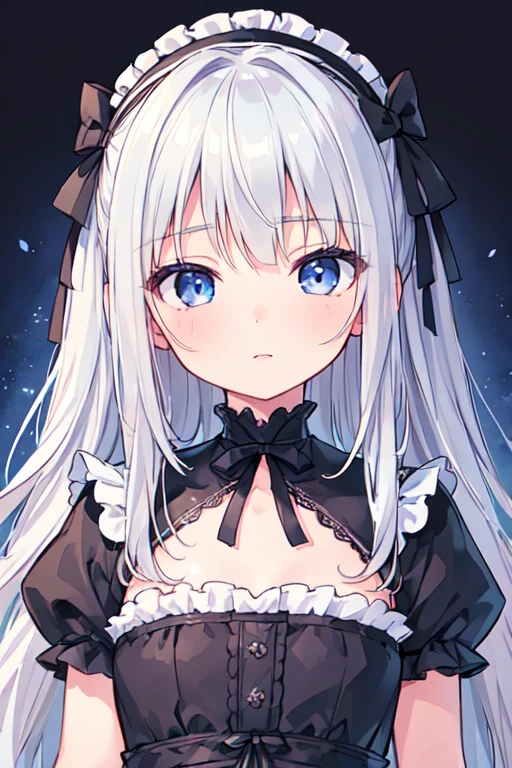 (best quality, masterpiece:1.2), ultra detailed, extremely detailed eyes and face, natural skin texture, detailed skin, natural lighting,
chibi, 1 girl, 12-years-old, (cute),
silver hair, middle hair, straight hair, shiny hair,
blue eyes,
flat chest,
gothic lolita,
upper body,