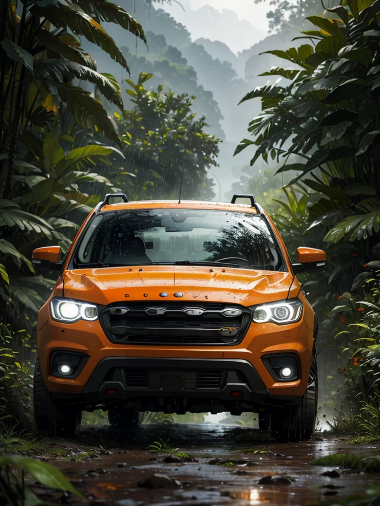 A rugged orange 4x4 vehicle drives through a muddy, rocky path in a lush, green jungle. Rain is falling, and the vehicle is covered in mud. The image is framed by tall trees and mountains in the distance. Write without spelling mistake, The text "ONE LIFE LIVE IT" is superimposed on the image.The mood is adventurous and exciting. The style is realistic and cinematic, with a focus on the vehicle and the natural beauty of the surroundings. The image is shot from a low angle, emphasizing the size and power of the vehicle. The lighting is soft and natural, with a focus on the rain and the lush greenery. The colors are vibrant and saturated, with a focus on the orange of the vehicle and the green of the jungle. The image is rendered in high detail, with a focus on the texture of the mud and the leaves. The background is blurred, drawing the viewer's attention to the vehicle and the path ahead.