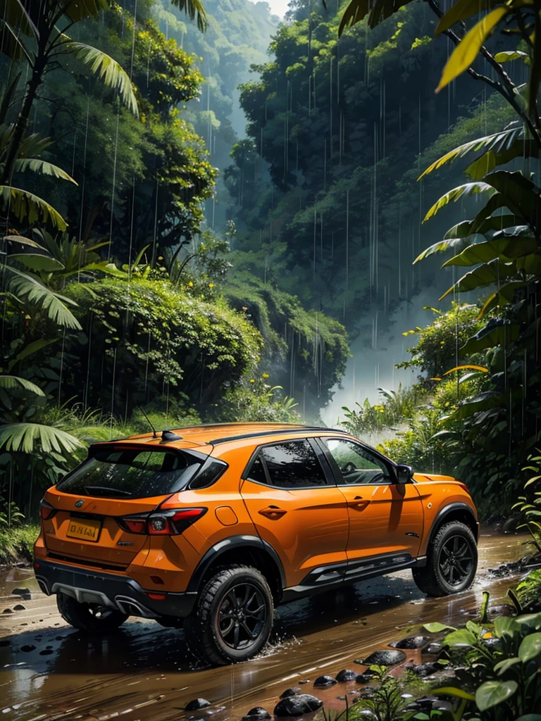 A rugged orange 4x4 vehicle drives through a muddy, rocky path in a lush, green jungle. Rain is falling, and the vehicle is covered in mud. The image is framed by tall trees and mountains in the distance. Write without spelling mistake, The text "ONE LIFE LIVE IT" is superimposed on the image.The mood is adventurous and exciting. The style is realistic and cinematic, with a focus on the vehicle and the natural beauty of the surroundings. The image is shot from a low angle, emphasizing the size and power of the vehicle. The lighting is soft and natural, with a focus on the rain and the lush greenery. The colors are vibrant and saturated, with a focus on the orange of the vehicle and the green of the jungle. The image is rendered in high detail, with a focus on the texture of the mud and the leaves. The background is blurred, drawing the viewer's attention to the vehicle and the path ahead.