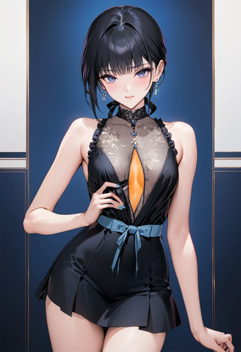 ((Top quality, masterpiece, freak, super resolution)), 1 girl, Japanese model,,Smooth black hair,Holter neck style baby doll, f: large opening at the chest tied with a thin ribbon, waist fitting, short and flared skirt, color: black, pattern: frills on the chest and skirt hem, sheer fabric giving a light impression, back: large open back with continued holter neck design, thin band at the waist, short and flared skirt similar to the front, color: black, pattern: frills on the chest and skirt hem, sheer fabric used on the back as well, overall: elegant and sexy design.