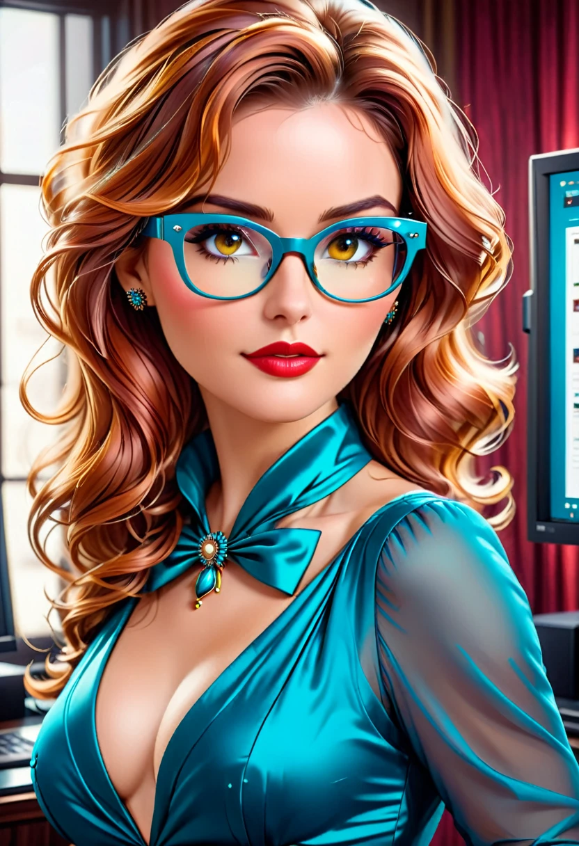 a facial portrait of a spy using glasses to take pictures in a computer labratory, an elegant, exquisite beautiful female spy, dynamic hair color, dynamic hair style, (wearing elegant intricate details glasses: 1.3), dynamic color glasses, dynamic style glasses, ((digital information reflected in the glasses:1.6)), she wears an elegant, intricate detailed dress, silk dress , small cleavage, Vibrant, Ultra-high resolution, High Contrast, masterpiece:1.2, highest quality, Best aesthetics), best details, best quality, highres, ultra wide angle, 16k, [ultra detailed], masterpiece, best quality, (extremely detailed), Genetically modified..., Cinematic Hollywood Film