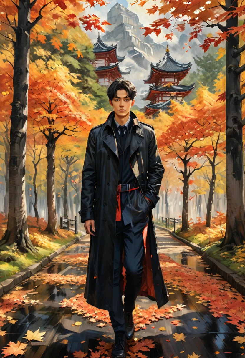 (Black Trench Coat), Oil painting style, a person wearing a black windbreaker is strolling in the maple forest, surrounded by scattered maple leaves falling on the path, forming a carpet interwoven with golden and fiery red. The windbreaker contrasts sharply with the surrounding environment, (Photography), panoramic view, award-winning, cinematic still, emotional, vignette, dynamic, vivid, (masterpiece, best quality, Professional, perfect composition, very aesthetic, absurdres, ultra-detailed, intricate details:1.3)
