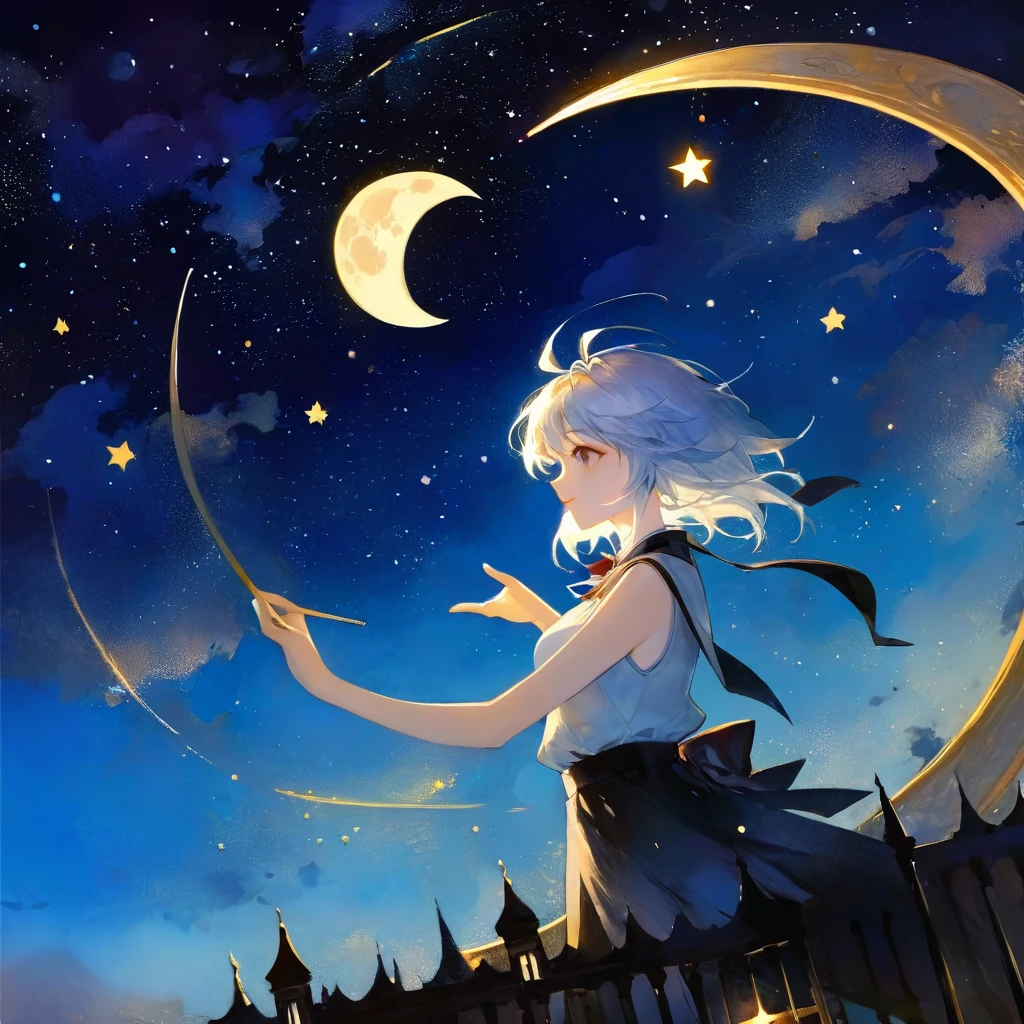 magic, fantastic, night sky, moon, stars, background, (simple oil painting in a style to Bill Sienkiewicz)