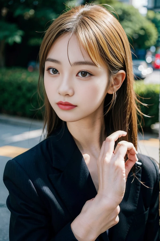 Portrait of a Japanese girl,alone,20-year-old,Beautiful Face,Upper Body,Hair on one eye,Medium Sidecut, Blonde, Sharp focus,Black business suit