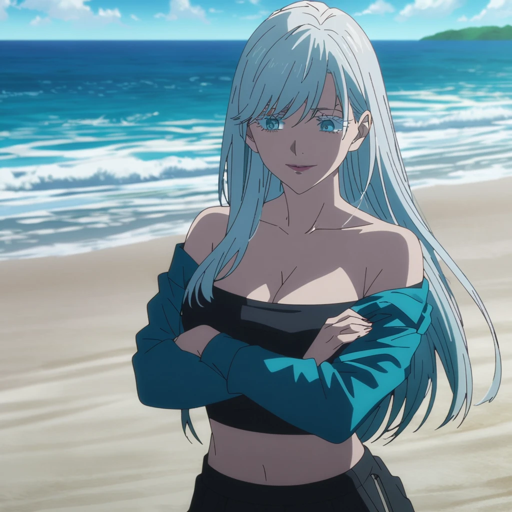 1girl, female gojo satoru, anime screencap from jujutsu kaisen, gojo satoru female version, solo, long_hair, blue eyes, ((white eyelashes)), ((white_hair)), beach view, ocean in background, breasts, upper_body, smile, swept bangs, blue_eyes, lips, (swept bangs) ((wearing crop top and off the shoulder jacket, cleavage)), breast, "very detailed and high resolution" (blue eyes) ((cross arms))  ((long hair)) ((solo)) ((high resolution)) ((full body)) ((Good quality)) ((high-resolution)) ((best quality))