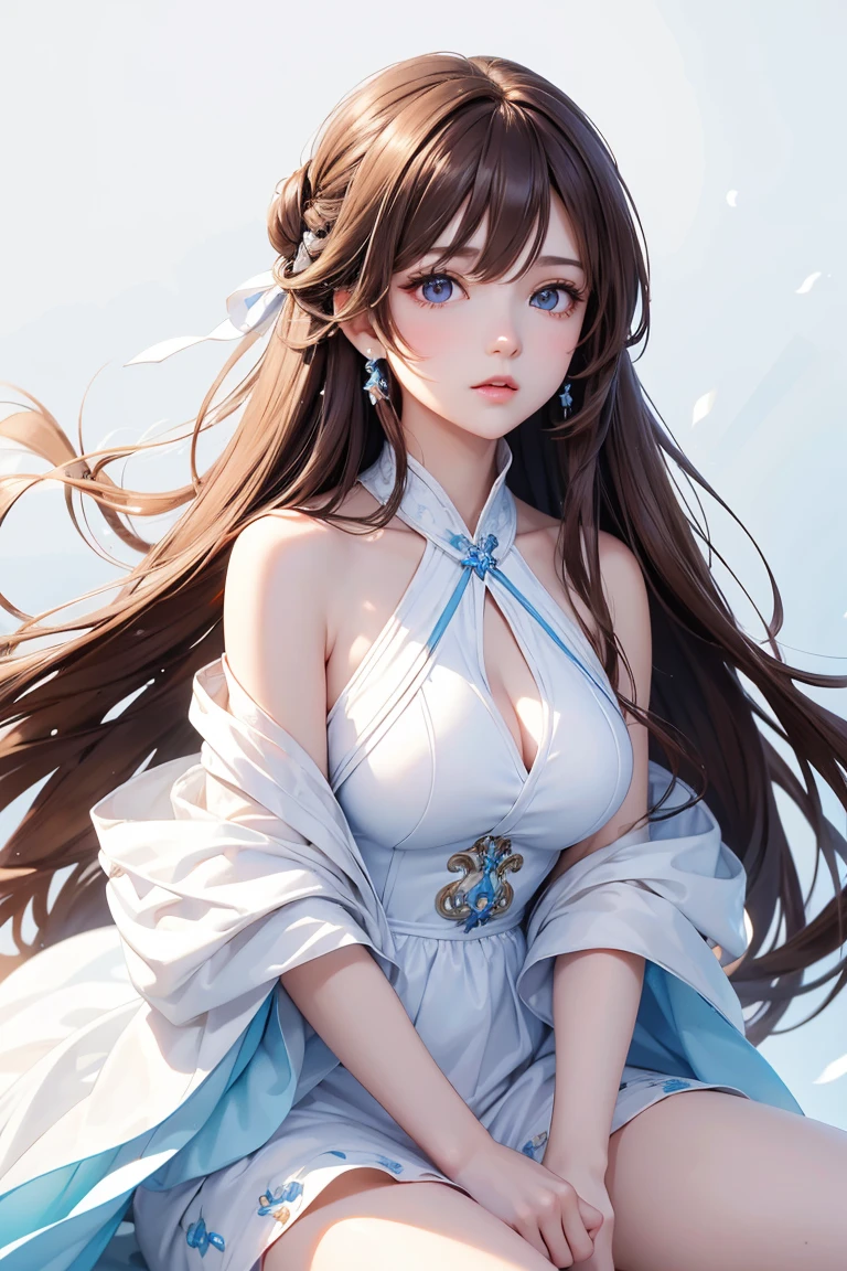 Masterpiece, Best quality, 1 Female, Woman, Elder Sister, young girl, brown eyes, long hair, smoky mix brown color hair, resolute eyes, white and blue dress, long white eardrop, morden, frontal photo, blank background, remove background, anime, illustration