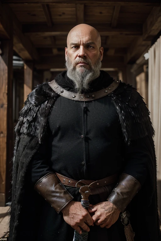 Man, 70 years, strong for his years, immense bald head, spotted scalp, a shaggy grey beard that covers much of his chest, fierce look, normal height. He wears a cloak of thick black fur and a black wool doublet with silvered bear-claw fastenings, black breaches. He wears a large sword on his back. On his shoulder sits a black raven