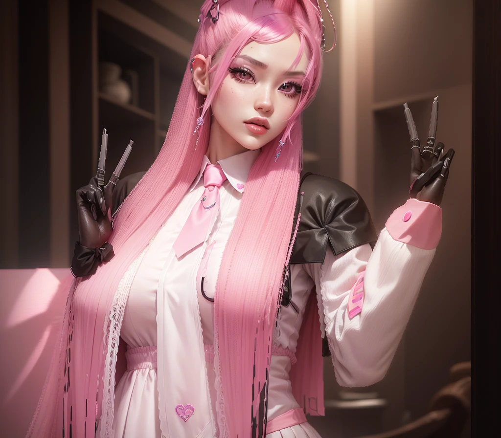 AVATAR SECOND LIFE Korean girl dress blouse , Asian, pink hair, pink hair, pink hair, Perfect and detailed face, imvu, maximalist details, AVATAR SECOND LIFE Korean blusa social branca , neon, necktie