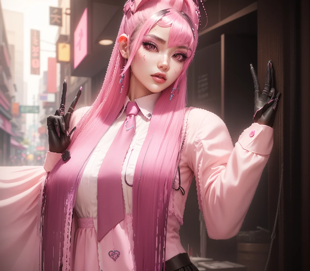 AVATAR SECOND LIFE Korean girl dress blouse , Asian, pink hair, pink hair, pink hair, Perfect and detailed face, imvu, maximalist details, AVATAR SECOND LIFE Korean blusa social branca , neon, necktie