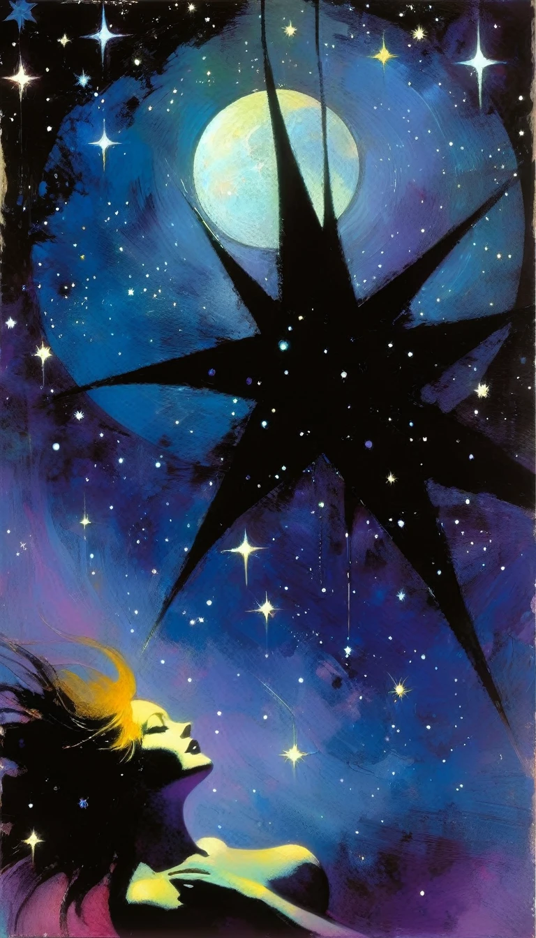 orgasm, magic, fantastic, night sky, moon, stars, background, (simple oil painting in a style to Bill Sienkiewicz)
