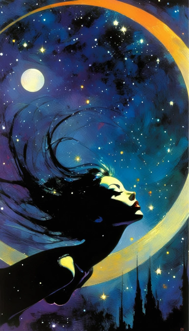 orgasm, magic, fantastic, night sky, moon, stars, background, (simple oil painting in a style to Bill Sienkiewicz)
