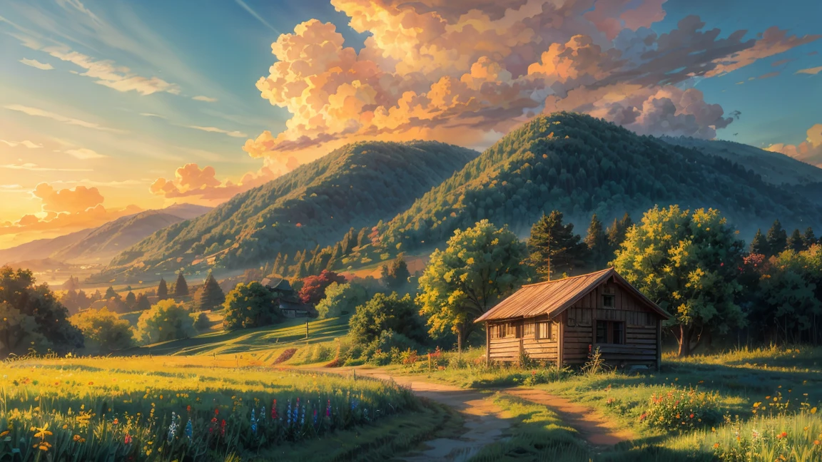 Poetic natural scenery, golden hour, sunset, high and wide sky, sunlight shining into the clouds, small simple wooden house at the foot of the hill, peaceful, road planted with many wildflowers, green grass, rays sunny, warm colors, 8k, quality
