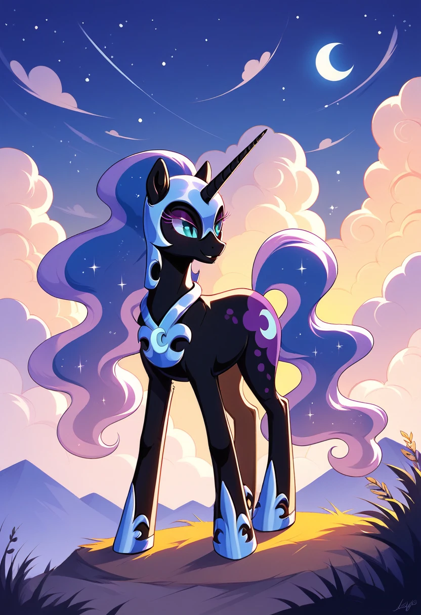 score_9, score_8_up, score_7_up, score_6_up, score_5_up, score_4_up, MLP, dark blue fur, wavy lavender mane and tail, mane styled into a bob, short tail, lavender eyes, golden star cutie mark, golden chocker, cloudy landscape, night, moonscape, meeting Nightmare Moon