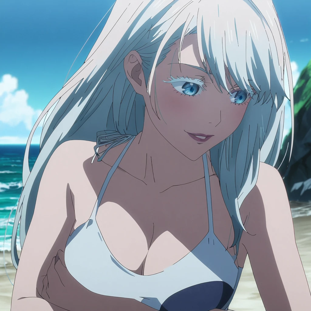 1girl, female gojo satoru, anime screencap from jujutsu kaisen, gojo satoru female version, solo, long_hair, blue eyes, ((white eyelashes)), ((white_hair)), beach view, ocean in background, breasts, upper_body, smile, swept bangs, blue_eyes, lips, (swept bangs) ((wearing swimsuit)), breast, "very detailed and high resolution" (blue eyes) ((cross arms)) ((long hair)) ((solo)) ((high resolution)) ((full body)) ((Good quality)) ((high-resolution)) ((best quality)) ((animw screen cap))