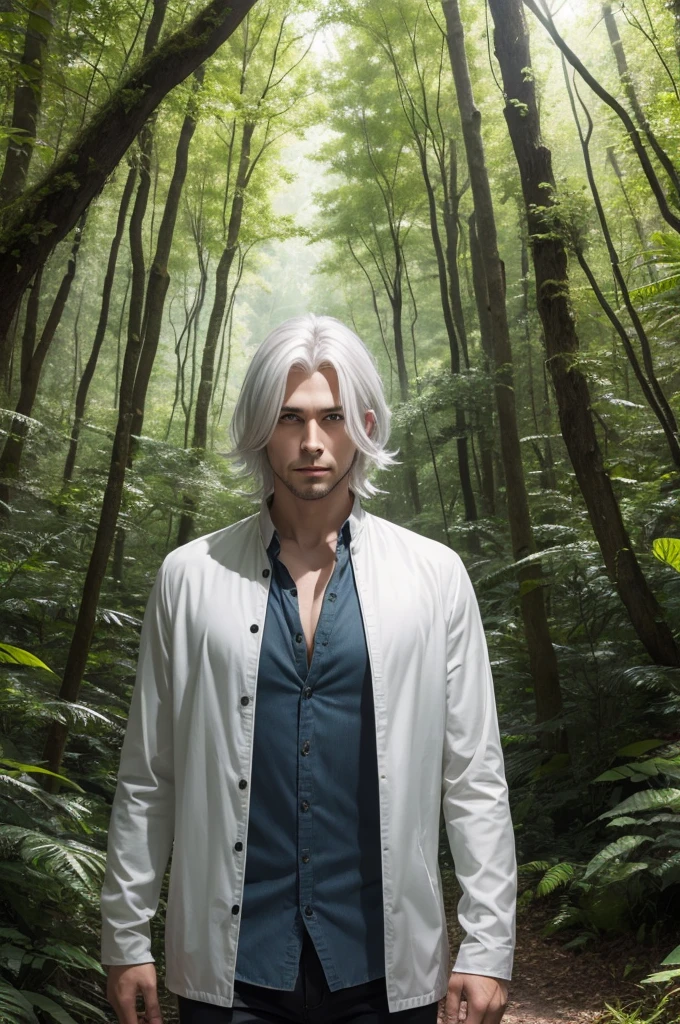 Create a beautiful platinum-haired man in a forest