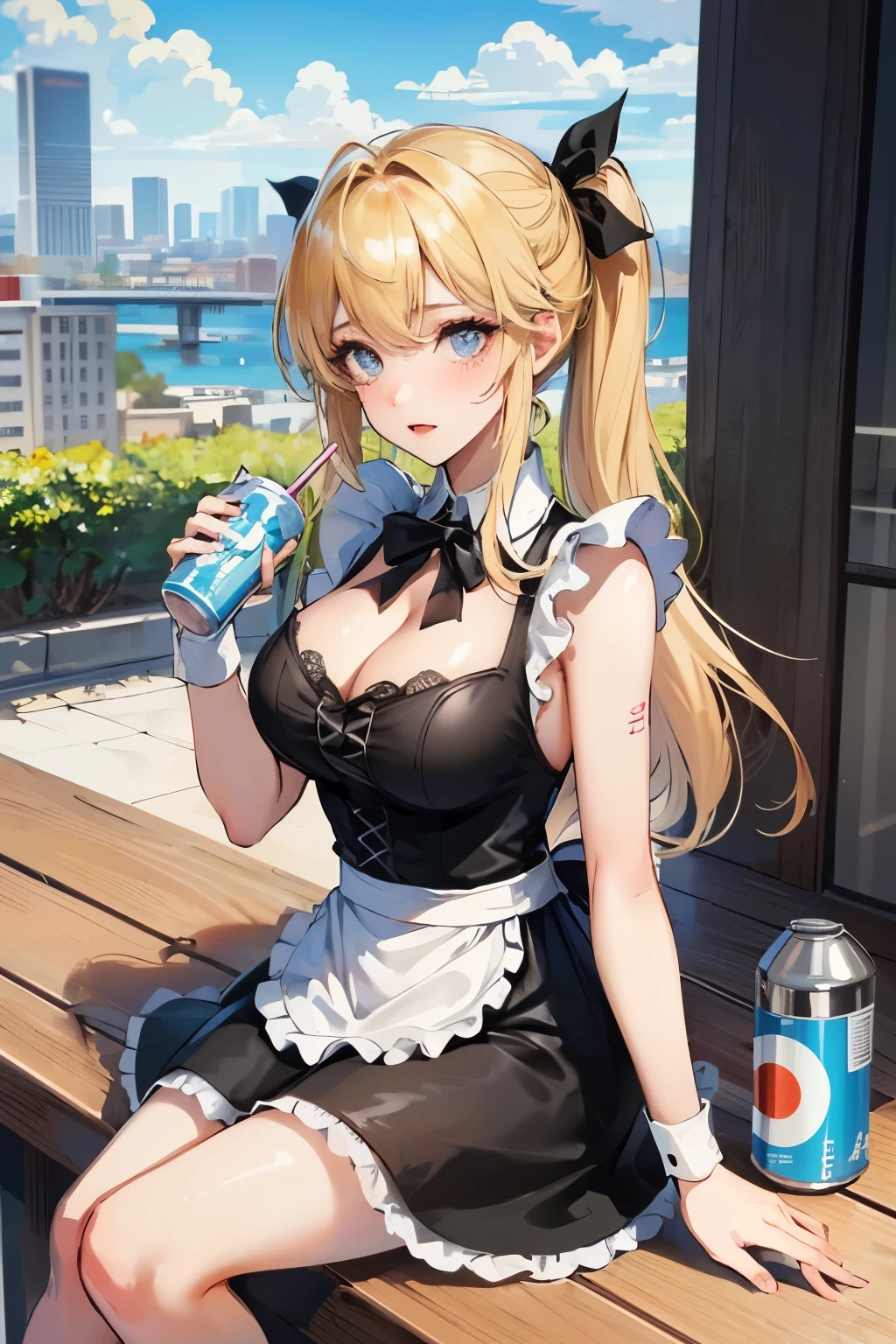 ((Highest quality)), ((masterpiece)), (detailed), One girl, sexy,Big Breasts，Black maid outfit，Dark Makeup，Blonde,Gal，Sitting and drinking a can of juice through a straw、City background,Embarrassed look