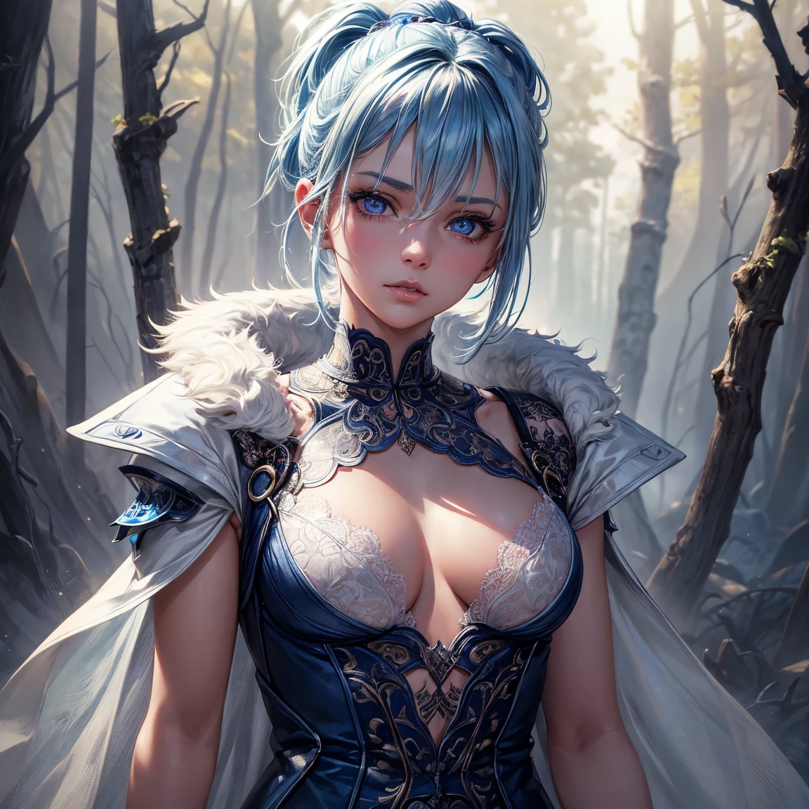 a young girl!, 1girl, light blue short ponytail hair, light blue hair!!, very small breasts!!!, small breasts, blue eyes, she nude, penis instead of a pussy, full body, full body, ghost forest, incredibly sexy body, detailed face, beautiful detailed eyes, beautiful detailed lips, extremely detailed eyes and face, long eyelashes, intricate details, detailed clothing, intricate details,highly detailed, photo realistic, 8k, best quality, masterpiece, cinematic lighting, dramatic lighting, vibrant colors, fantasy, digital art, concept art