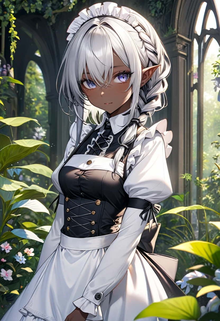 (Gothic style) (cool beautiful black skin), (solo:2, 1000 yo Dreadlocks:1.4 silver hair long hair cool elf woman, cool narrow silver eyes), (in a cool maid clothes), break, in the enchanted garden, BREAK, perfect anatomy, masterpiece, best quality, 16k, beautiful detailed grow, daydreaming expression.